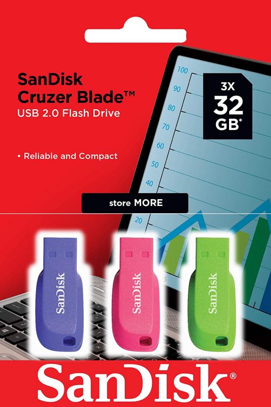 SanDisk 32GB Cruzer Blade USB Flash Drive 3-pack , Blue/Pink/Green