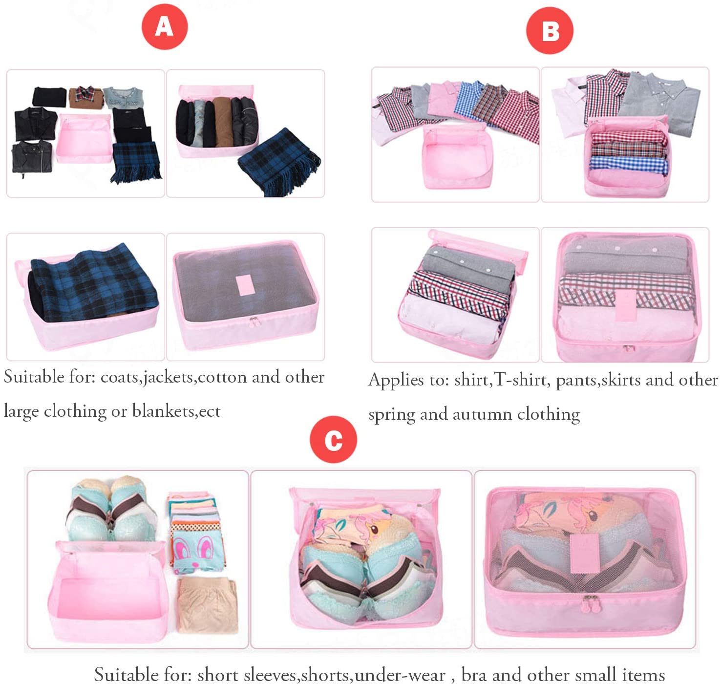 Portable Packing Cubes, TCHEER 6PCS Travel Luggage Organizers Lightweight Storage Zip Bags for Suitcase (Rose Red) - Image 3