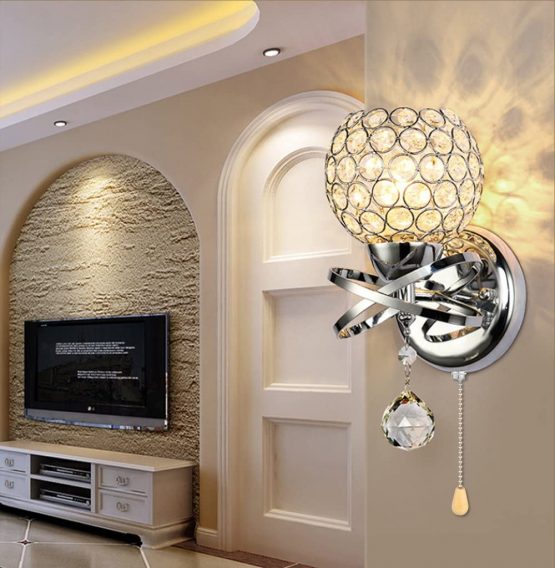 ALLOMN Modern Style Wall Lamp, Crystal Pendant Wall Lamp Bedroom Aisle Living Room Wall Lamp Holder E14 Socket (Bulb Not Included) (with Pull Switch, 2 Pack) - Image 2