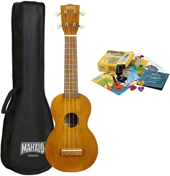Mahalo Ukulele for Beginners, Kahiko 'Learn 2 Play' Bundle with Essentials Pack, Perfect for kids and Adults, Including Clip-on Tuner, Aquila Strings, Picks & MORE - Transparent Brown