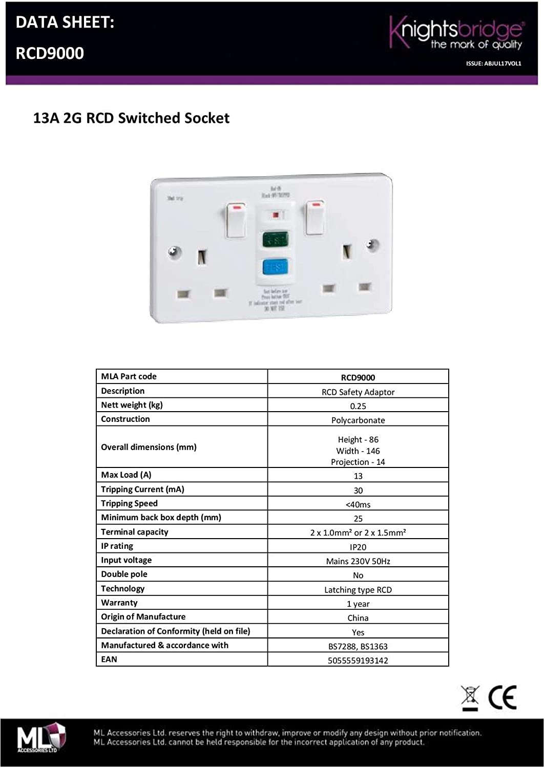 Knightsbridge RCD9000 2G RCD Switched Socket, 13 A, White, 15.4 x 9.4 x 4.2 cm - Image 4