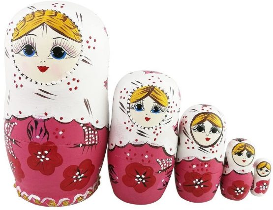 Set of 5 Rustic Style Red Flower Pink Matryoshka Dolls Russian Nesting Dolls Wooden Stacking Toy Handmade Gift Wooden Folk Dolls Kids Gift Funny Gifts Kids Room Decor - Image 2