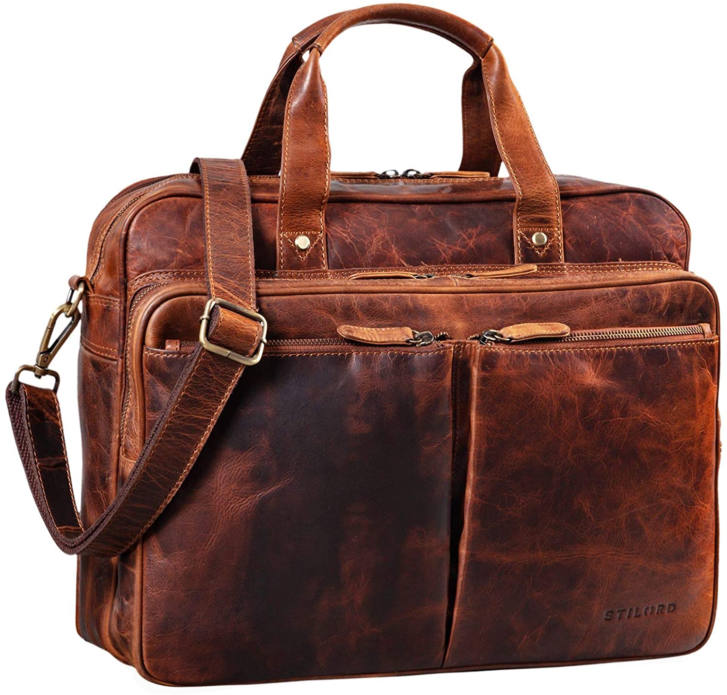 STILORD "Remus" Vintage Leather Shoulder Bag Men Large Laptop Bag 15.6" College Bag Portfolio Satchel Business Genuine Leather Colour:Kara