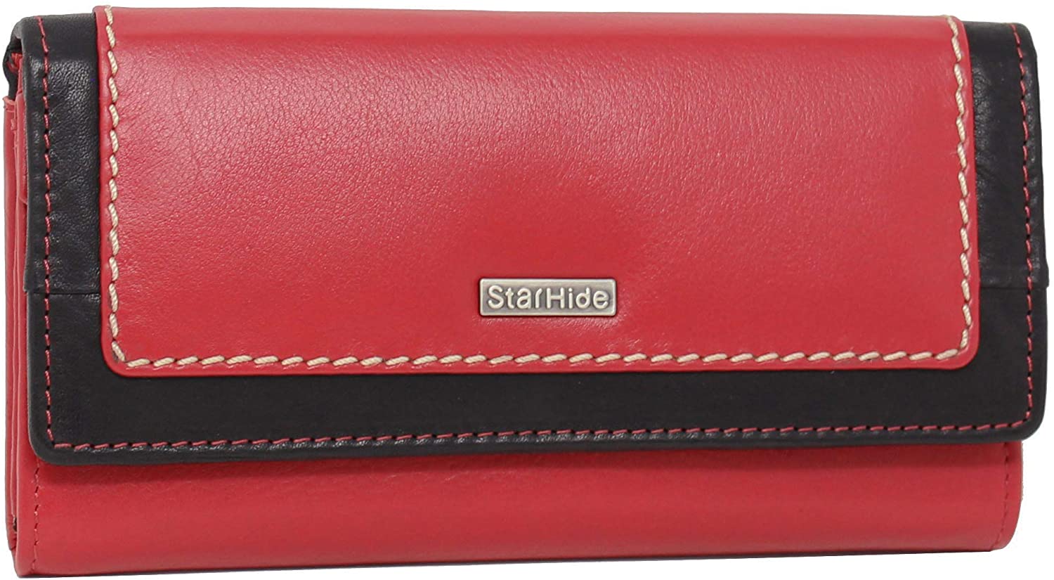 STARHIDE Ladies Purse Women RFID Blocking Genuine Leather Flap Over Long Clutch Wallet 5560 (Red Black), Black Red