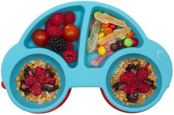 Baby Silicone Placemat, Non-Slip Feeding Plate for Toddlers Babies Kids with Strong Suction Fits Most Highchair Trays BPA-Free FDA Approved, Dishwasher and Microwave Safe (New Car Blue)
