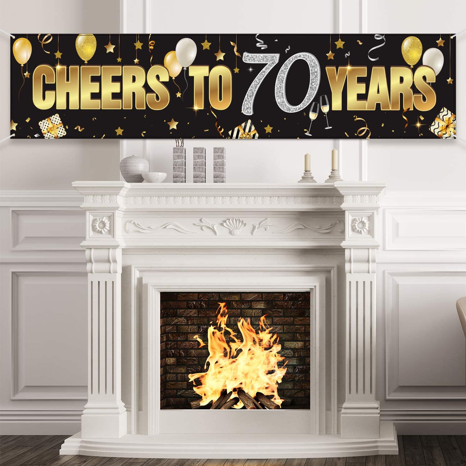 70th Birthday Banner, Happy 70th Birthday Cheers to 70 Years Birthday Sign Gold Glitter Birthday Banner
