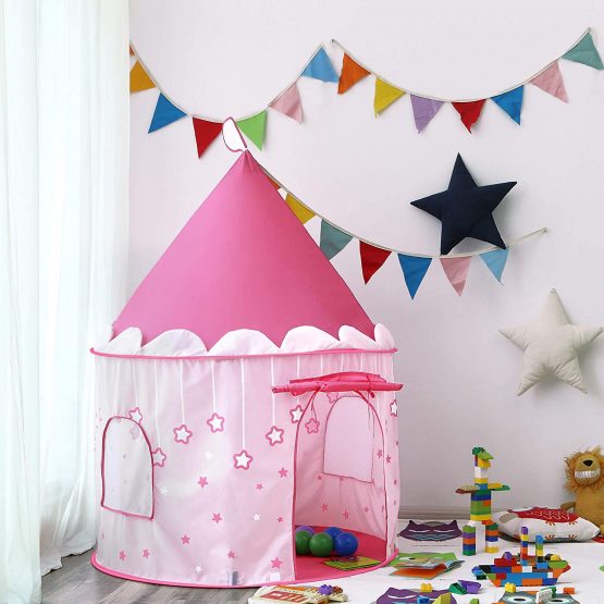SONGMICS Princess Castle Play Tent for Girls Toddlers, Indoor and Outdoor Playhouse, Portable Pop Up Play Teepee, Gift for Kids, Pink LPT01PK - Image 2
