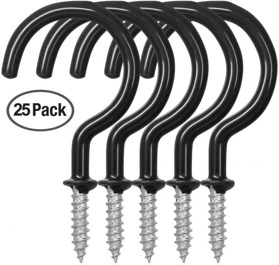 FineGood 25 Pack Cup Hook Ceiling Hooks, 2.9 Inches, Vinyl Coated Screw Hanger for Indoor and Outdoor Use - Black