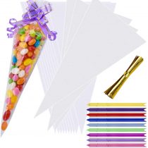 AUERVO 100PCS Clear Cone Bags Sweets Cellophane Treat Bags 12" X 6.3" Clear Resealable Cello Bags Party Gift Bags OPP Plastic Bag with 100PCS Mix Pull Bows for Candy, Soap, Cookie, Chocolates,Popcorn
