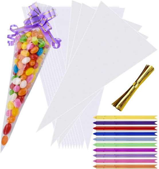 AUERVO 100PCS Clear Cone Bags Sweets Cellophane Treat Bags 12" X 6.3" Clear Resealable Cello Bags Party Gift Bags OPP Plastic Bag with 100PCS Mix Pull Bows for Candy, Soap, Cookie, Chocolates,Popcorn
