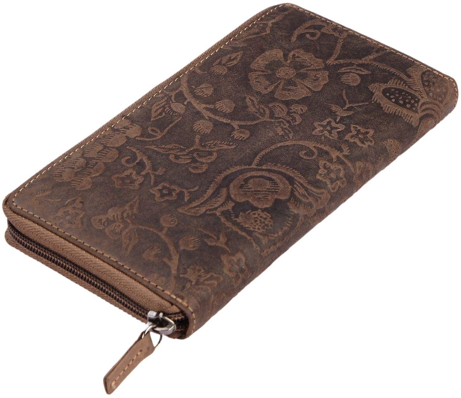 STILORD 'Aurelia' Leather Purse for Women Brown Vintage with Flowers Large Wallet with Coin Storage 12 EC-Cards Horizontal in Genuine Cow Hide Leather
