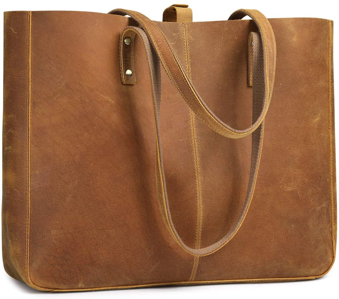 S-ZONE Genuine Leather Shoulder Tote Bag for Women Large Handbag Work Purse, 1-light Brown With Snap Closure