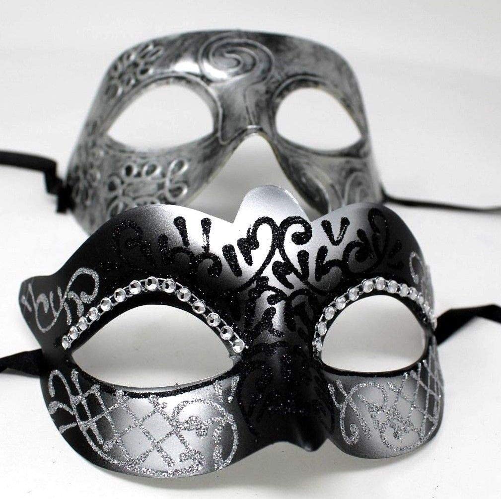 HIS N HERS PAIR OF CO-ORDINATED SILVER & BLACK COUPLES VENETIAN MASQUERADE CARNIVAL PARTY BALL EYE MASKS, Silver Black, 8cm deep - Image 3