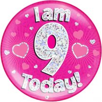 6" Jumbo Badge I am 9 Today Pink Holographic Dot