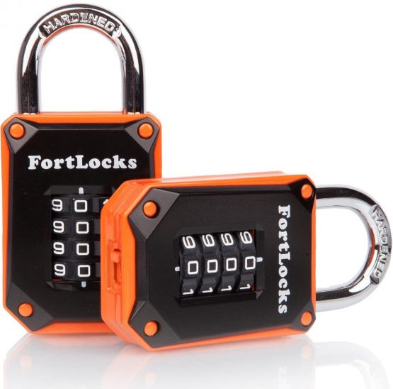 New FortLocks Combination Lock - 4 Digit Padlock for School & Gym Locker, Outdoor, Fence, Hasp, Storage, Case, Toolbox & Shed - Resettable All Weather (1 & 2 Pack) (2 Pack - Black/Orange)