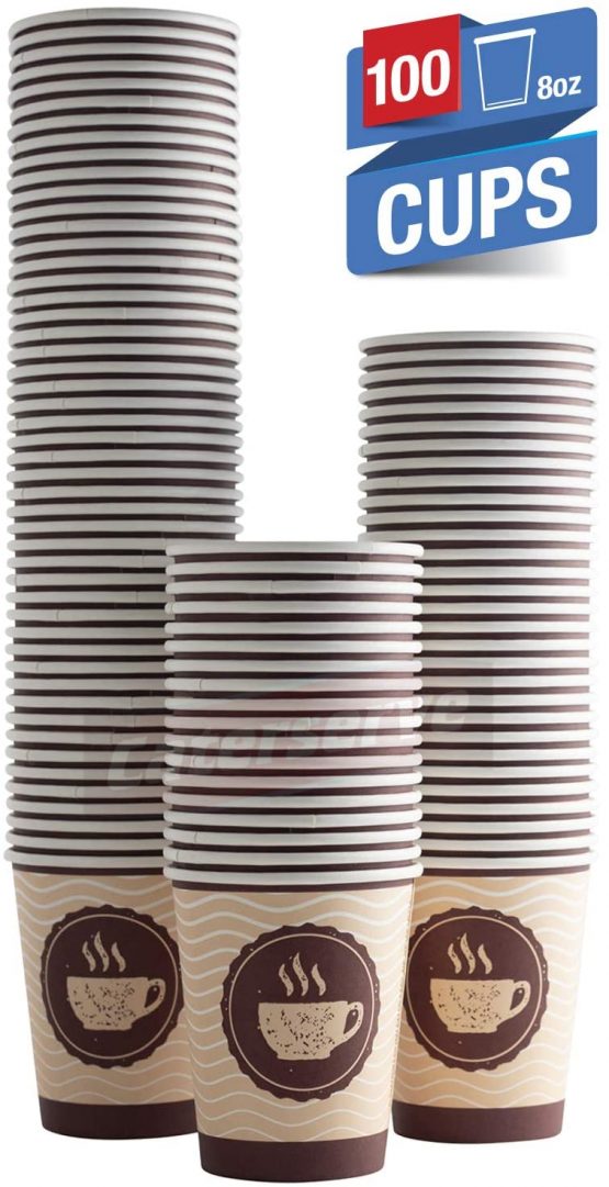 Disposable Paper Hot Coffee Tea Drinking Cups 8oz - 228ml (100 Pack)