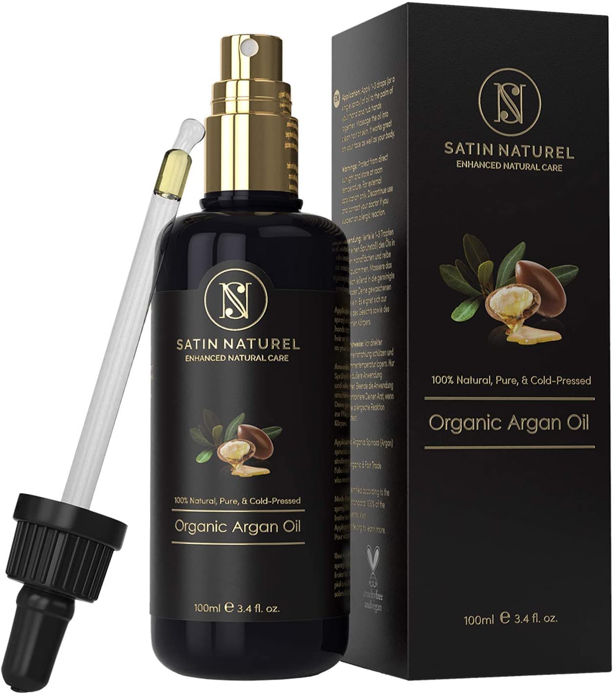 Satin Naturel Argan Oil for Hair Skin and Nails 100ml, Natural Moisturiser, Organic Hair Growth Oil for Healthy Hydrated Hair