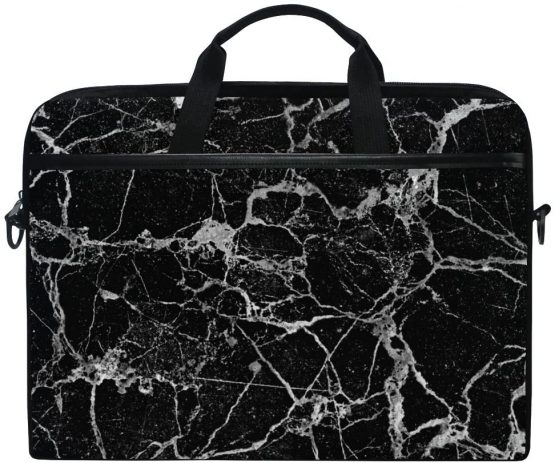 Laptop Case, Black Marble Personalised 3D Printed with 3 Compartment Shoulder Strap Handle Canvas Notebook Computer Bag Perfect for 13 13.3 14 15 inch