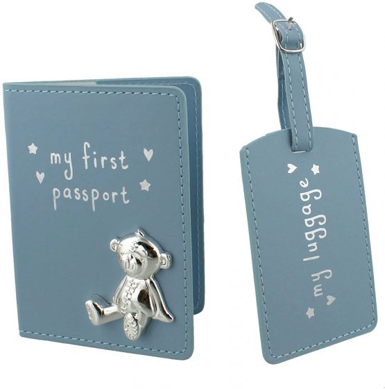 Button Corner PU My First Passport & My Luggage Tag Set with Metal Teddy icon Blue CG988B, 200 g