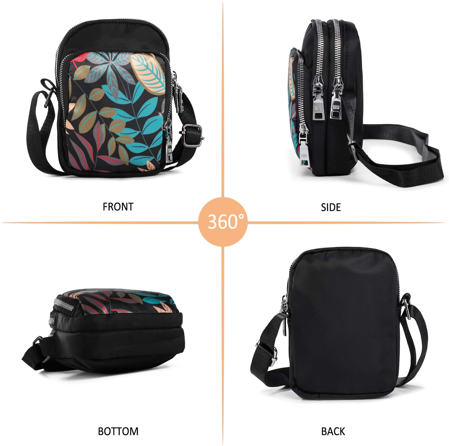 LaRechor Small Crossbody Phone Bags for Women Mobile Phone Pouch, Mini Shoulder Bag, Long Strap, 3 Zippers, Black with Leaves Pattern - Image 2