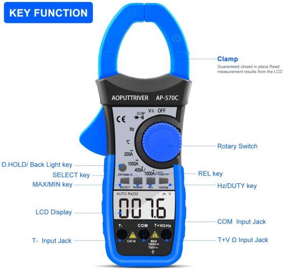 Digital Clamp Meter Multimeter AP-570C 4000 Counts Auto Range Clamp Meter Ammeter AC/DC Voltage Current Resistance Capacitance Frequency Temp Duty Cycle Diode Test with LCD Backlit Auto Off Data Hold - Image 2
