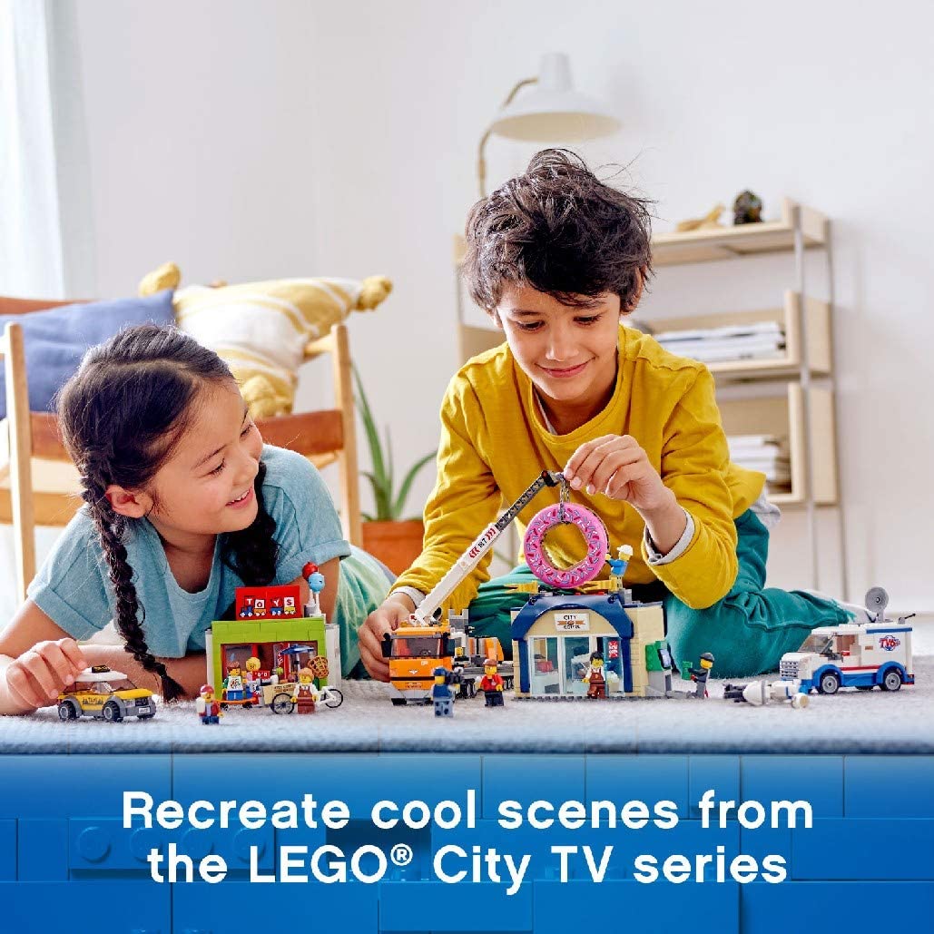 LEGO 60233 City Town Donut Shop Opening Toy Cars Set including Police Motorbike, Truck with Crane Trailer and 10 Minifigures - Image 2