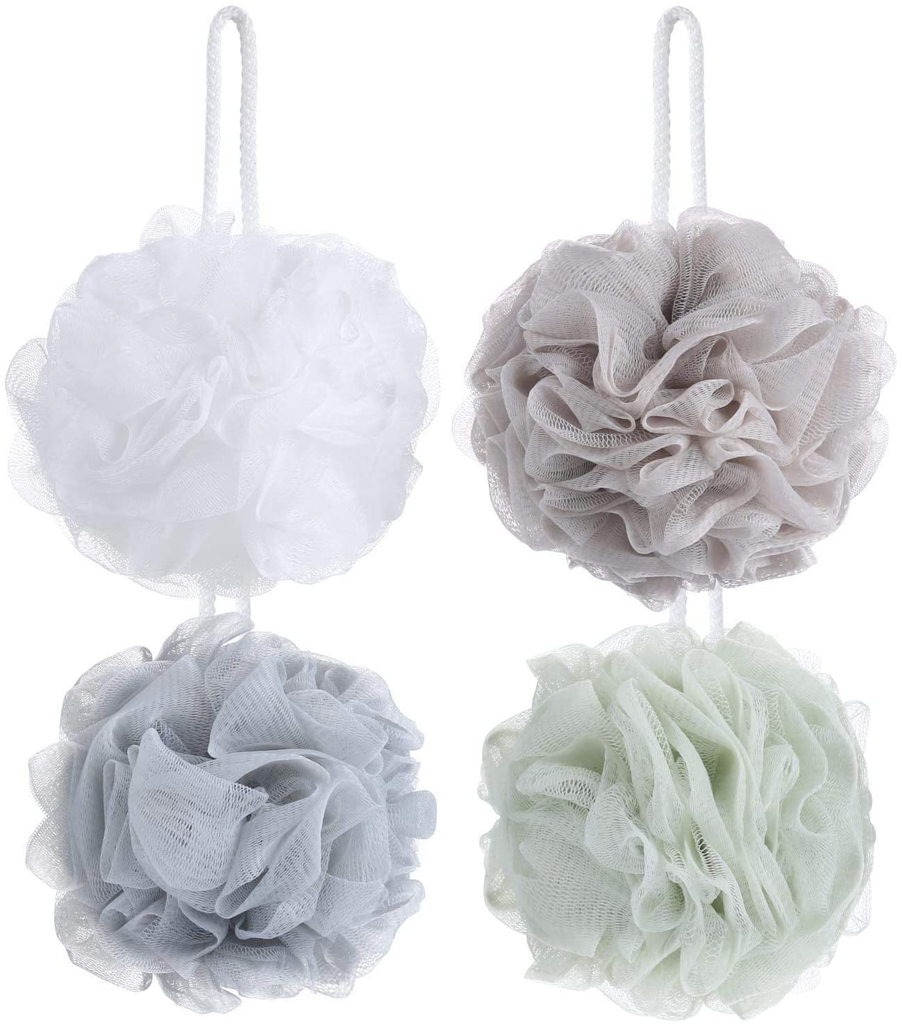 Tbestmax 4 Pack Mesh Pouf Bath Sponge, Mesh Loofah Body Exfoliating Shower Ball Shower Sponge, Green,white,grey,brown