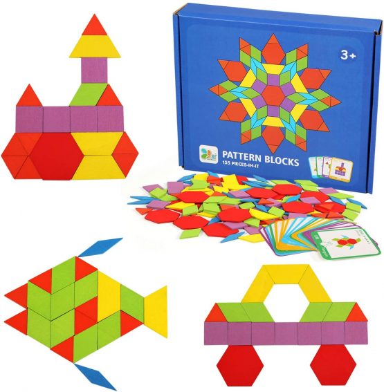 Ballery Wooden Pattern Blocks Set, 155 Pcs Geometric Shape Puzzles ...