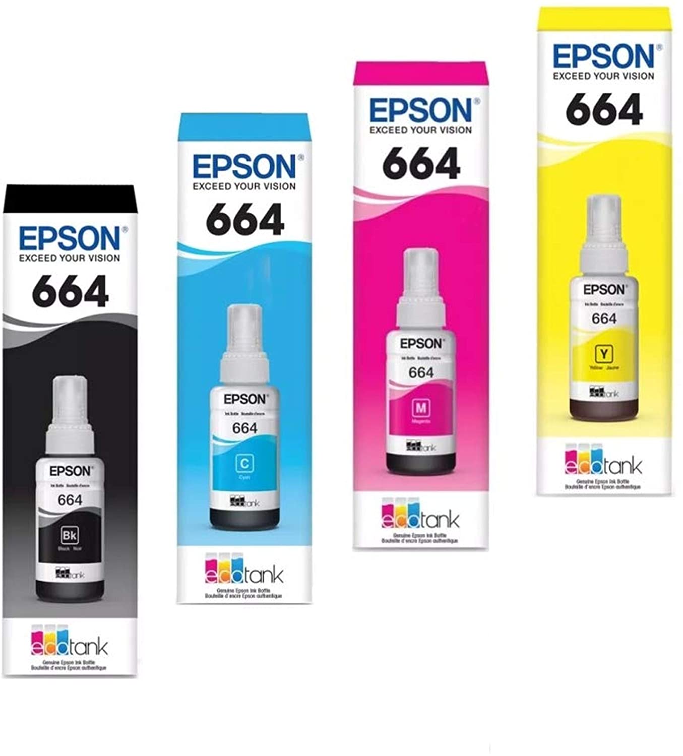 Genuine Epson Ink Bottles - Ecotank (T6641-4-SVH) 4 Bottles: Black, Cyan, Magenta, Yellow (ET-2500, ET-2550, ET-2600, ET-2650, ET-4500)