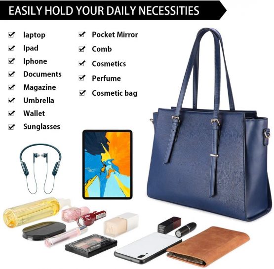 NEWHEY Laptop Bags for Women Large Leather Handbags Ladies Laptop Tote Bag Business Work Shoulder Bag Lightweight 15.6 Inch Blue - Image 4