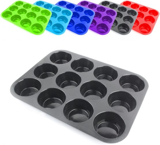 Belmalia Muffin Tray Silicone, 12 Holes, 33 x 25 x 3 cm, Non-Stick Coating, Cupcake Muffins Tin Black