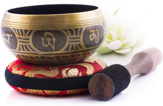 Tibetan Singing Bowl Set — Easy to Play with New Dual-End Striker & Cushion ~ Creates Beautiful Sound for Holistic Healing, Meditation & Relaxation ~Gratitude Pattern~ Antique Light Brown Bowl with Red Pillow - Image 3