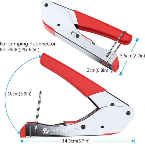 eSynic Coax Crimping Tool Coax Cable Crimper Tool Kit F-Type Compression Crimping Tool for RG6 with 20pcs Crimp Connector Tool and Rotary Coaxial Cable Cutter for RG-58 RG-59 RG-62 - Image 2