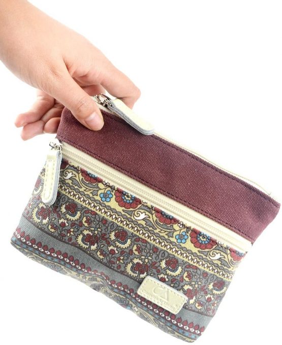 POPUCT Women's Retro Canvas Zipper Coin Purse Phone Pouch Cosmetic Bag(Wine red) - Image 2