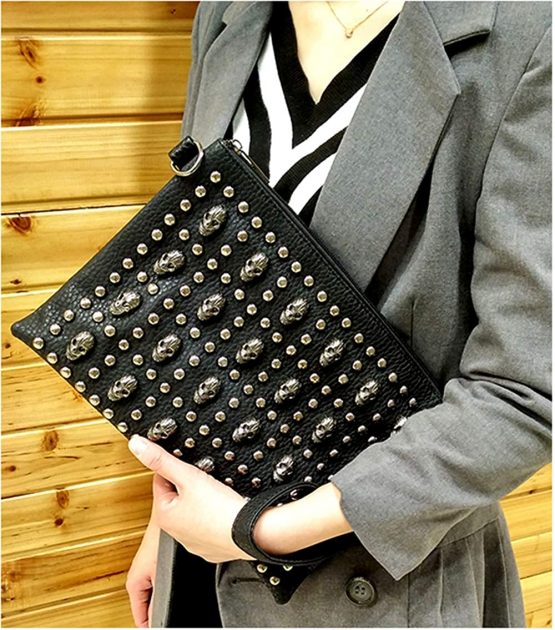 Chikencall® Women Classic Gothic Skull Rivet Clutch Purses Punk style Studded Shoulder Cross-Body Bag - Image 2