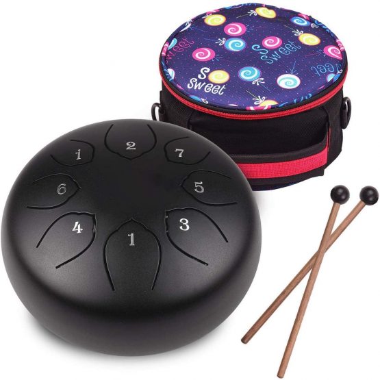 Steel Tongue Drum 6 inches 8 Notes Percussion Instrument C-Key Handpan Drum with Bag,Couple of Mallets Wiping Cloth for Musical Education Concert Yoga (Black)