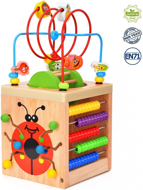 Wesimplelife Wooden Activity Cube 6 in 1 Activity Center Multifunction Bead Maze Toy Roller Coaster Preschool Early Educational Toys Gift for Child Kids Boys Girls