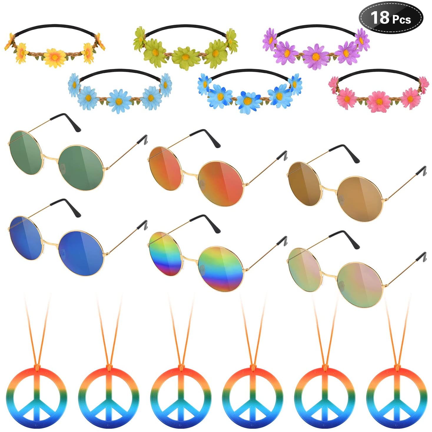 Hotgod 18Pcs Hippie Costume Accessory Set for 60s 70s Dressing Accessory Hippie Party Supplies(Peace Sign Necklaces Daisy + Daisy Sunflower Headbands+Retro Round Sunglasses)