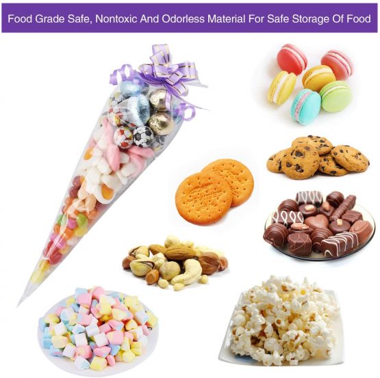 AUERVO 100PCS Clear Cone Bags Sweets Cellophane Treat Bags 12" X 6.3" Clear Resealable Cello Bags Party Gift Bags OPP Plastic Bag with 100PCS Mix Pull Bows for Candy, Soap, Cookie, Chocolates,Popcorn - Image 2