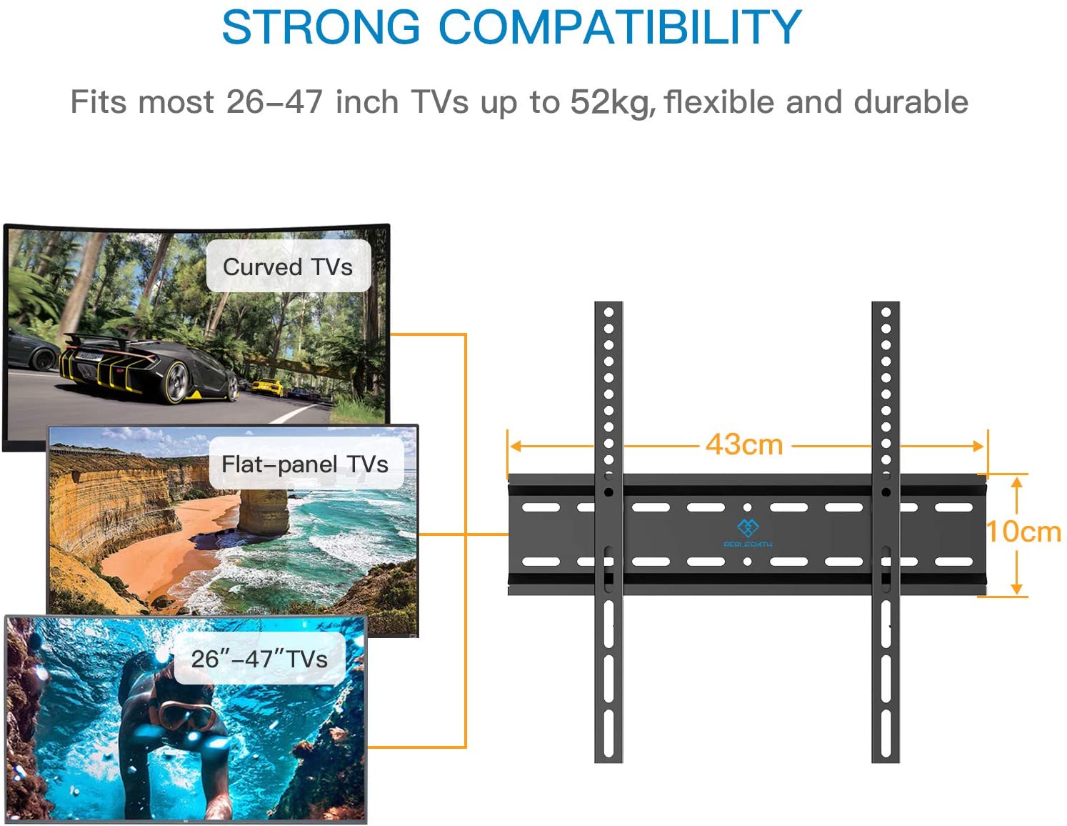 PERLESMITH TV Wall Bracket for 26-60 inch Flat&Curved TV or Monitor up to 52 KG, Sturdy TV Bracket with Max VESA 400X400 mm - Image 2