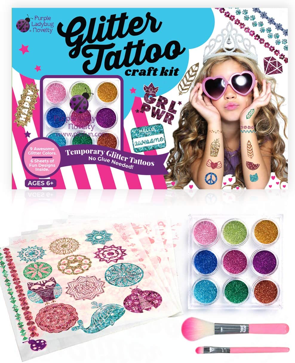 PURPLE LADYBUG Glitter Tattoo for Kids, Glitter Tattoo Kit 9 Colours, 175 Designs, 5 Year Old Girls Gifts