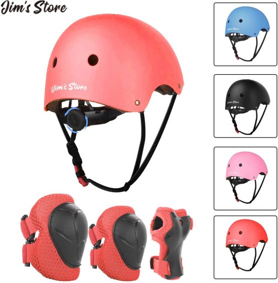 Jim's Store Kids Skateboard Pads Set 7pcs Adjustable Helmet Knee Pads Elbow Pads Wrist Pads Protective Gear Set for Scooter Cycling Roller Skating