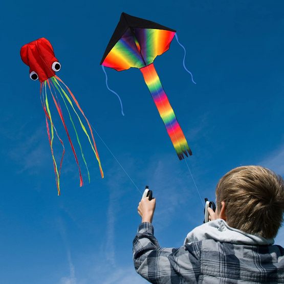 ZoomSky 2 Pack Kites - Large Rainbow Delta Kite and Red Mollusc Octopus with Long Colorful Tail for Children Outdoor Game,Activities,Beach Trip - Image 3