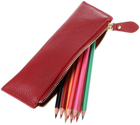 BTSKY Vintage Soft Genuine Leather Pencil Pen Case Pouch Retro Stationery Bag Holder Organizer Storage for Students Businessmen and Artists (Red) - Image 2