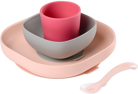 Béaba - Silicone Feeding Meal Set - Set of 4 Pieces : Plate + Bowl + Cup + Spoon - Silicone with Strong Suction pad - Baby and Children - Pink