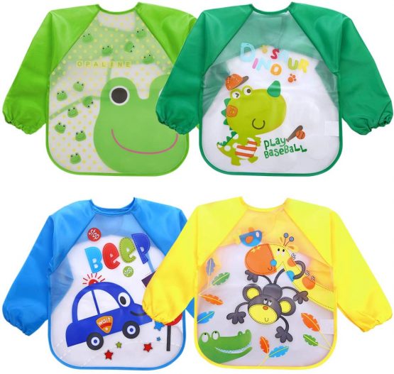 4 Pcs Bibs with Sleeves Baby Feeding Bibs Waterproof Long Sleeved Bib Plastic EVA Washable Weaning Bibs Toddler Painting Apron Bibs for Toddlers Baby Boys & Girls 6 Months to 36 Months