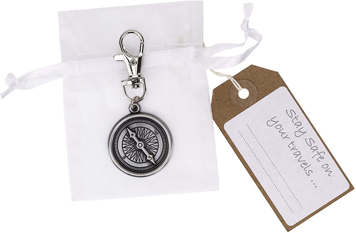 Travel Clip on Compass Design Metal Bag Charm with Stay Safe on Your Travels Message, Silver Grey - Image 2
