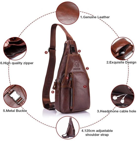 Men Sling Bag Leather Chest Bag Crossbody Shoulder Bag Sling Bags Backpack Messenger Bag Daypack for Business Casual Sport Hiking Travel Brown - Image 4