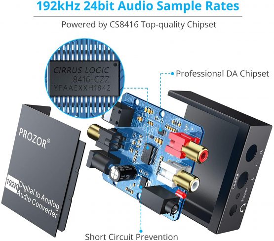PROZOR 192kHz DAC Converter Digital SPDIF Toslink to Analog Stereo Audio R/L Converter Adapter with Optical Cable Compatible with HD DVD Sky HD Blu-ray - Image 4