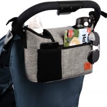 Buggy Pram Bag Organiser, 11L Large Capacity for Baby Accessories with 2 Deep Cup Holders & Shoulder Strap Used as Carry-On Handbag-Universal Fit All Buggy Models (Grey)